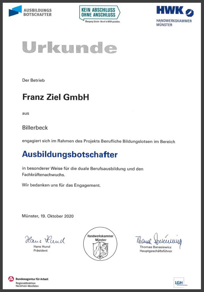 Urkunde Ausbildungsbotschafter HWK Franz Ziel Gmbh - Ausbildungsbotschafter der HWK Münster